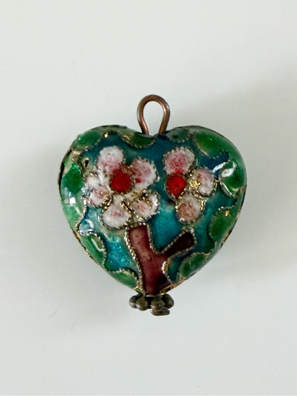 Vintage Cloisonné Green Blue Flowers Heart Pendant Charm